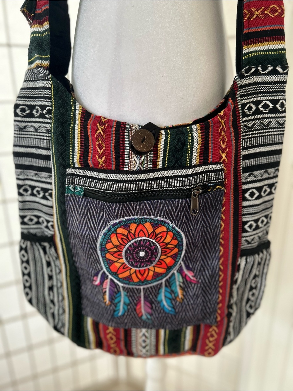 Rising International Red Green Black & Cream Dreamcatcher Crossbody Bag